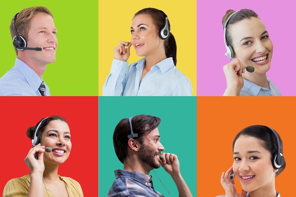 Is Telemarketing Dead? Here are 6 different telemarketing professionals in colored backgrounds talking to clients.