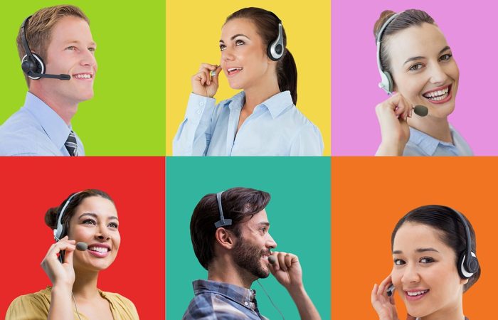 Is Telemarketing Dead? Here are 6 different telemarketing professionals in colored backgrounds talking to clients.